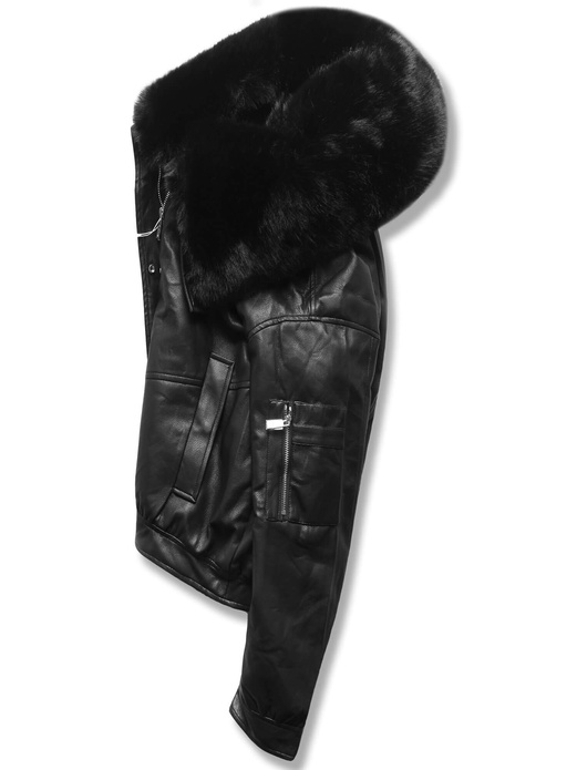 Czarna skórzana damska krótka kurtka na czarnym futerku