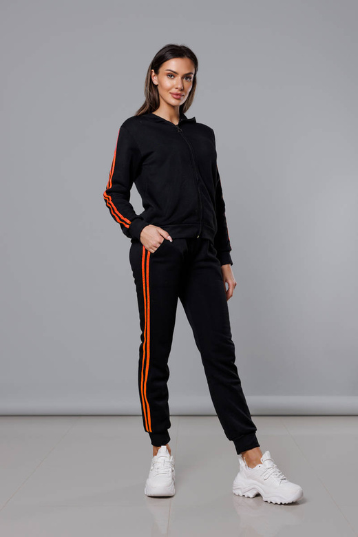 Czarno pomarańczowy dres komplet z kapturem z lampasami