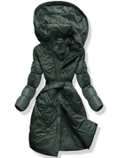 Zielony długi pikowany przejściowy płaszcz z kapturem