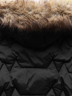 Czarna śliczna trapezowa pikowana zimowa damska kurtka z kapturem