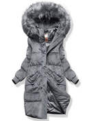 Szara sztruksowa długa zimowa kurtka z kapturem