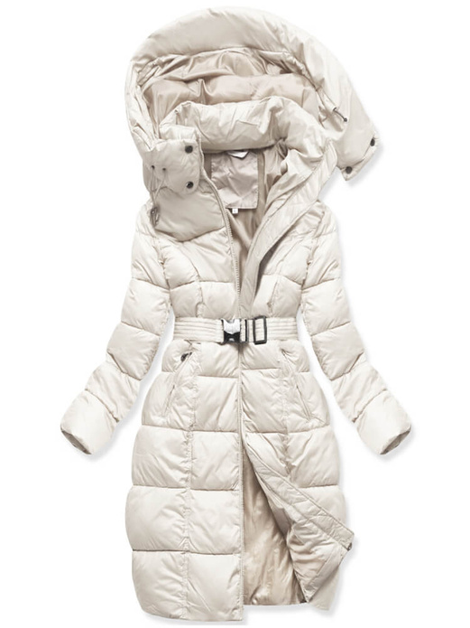 Ecru zimowa damska kurtka pikowana z paskiem 