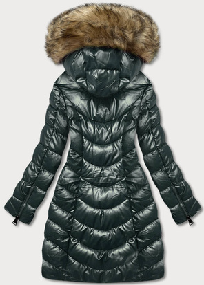 Ciemnozielona puchowa błyszcząca kurtka zimowa z kapturem 