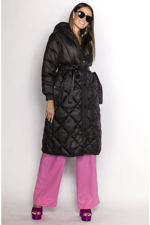 Czarna długa pikowana puchowa kurtka płaszczyk z kapturem