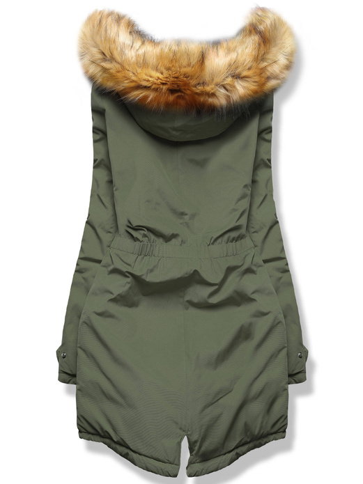 Khaki czarna długa dwustronna ciepła kurtka parka z kapturem z odpinanym futerkiem