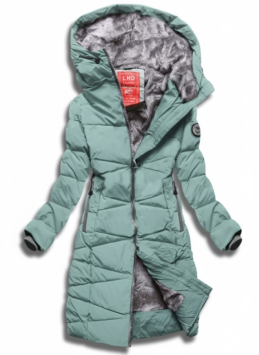 Szarozielona długa fikuśnie pikowana kurtka z kapturem na futerku