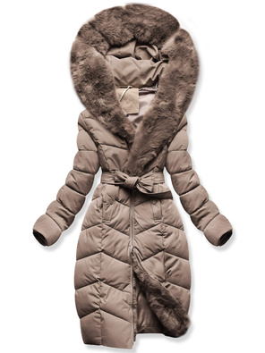 Beżowa ciepła zimowa pikowana kurtka z futrzanym kapturem