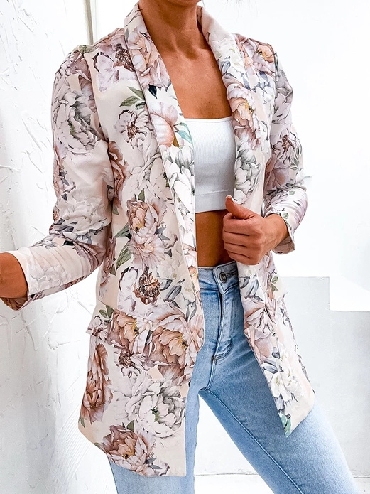 Beżowa damska marynarka żakiet w kwiaty