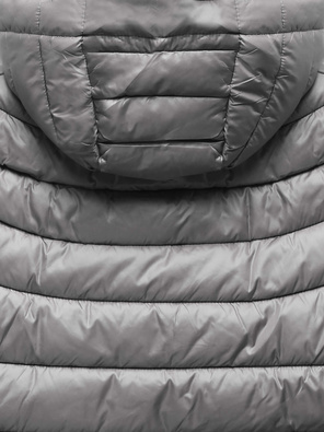 Srebrna zimowa kurtka pikowana z kapturem z długimi ściągaczami zapinana na suwak