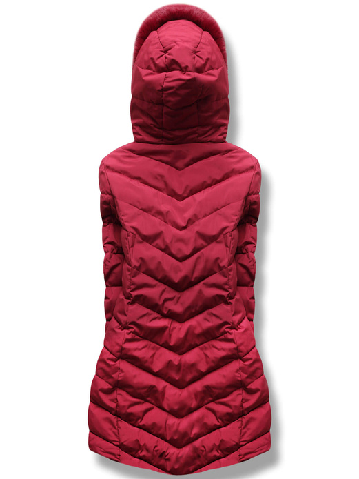 Bordowa długa wyszczuplająca pikowana kurtka w jodełkę z kapturem