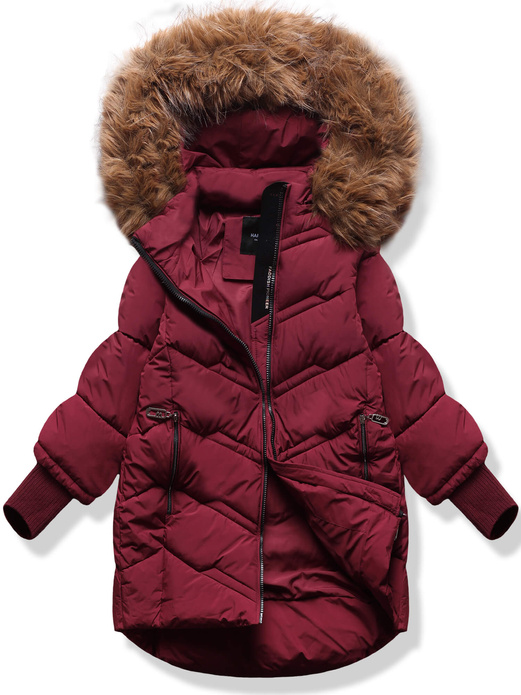 Bordowa trapezowa pikowana zimowa damska kurtka z kapturem