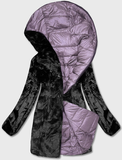 Fioletowa długa fantastyczna dwustronna zimowa pikowana kurtka futerko