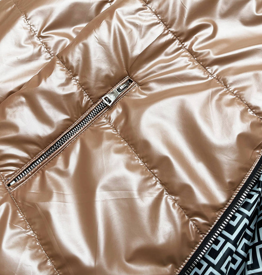 Jeanobrązowa dwustronna przejściowa kurtka damska z kapturem geometryczne wzory