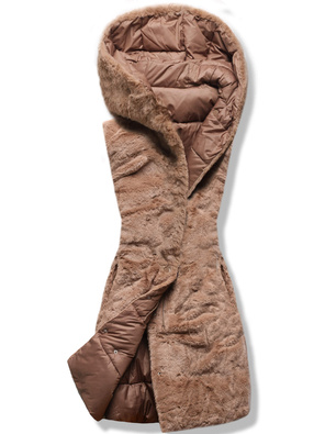 Brązowy dwustronny damski pikowany bezrękawnik z kapturem na futrze