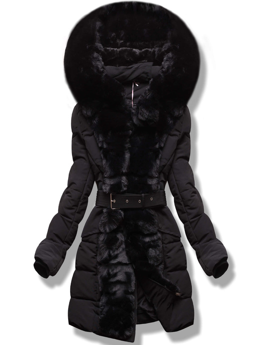 Czarny płaszcz zimowy z futrem i paskiem