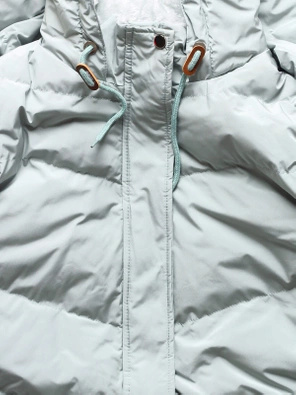 Miętowa długa pikowana zimowa kurtka płaszczyk na misiu z kapturem