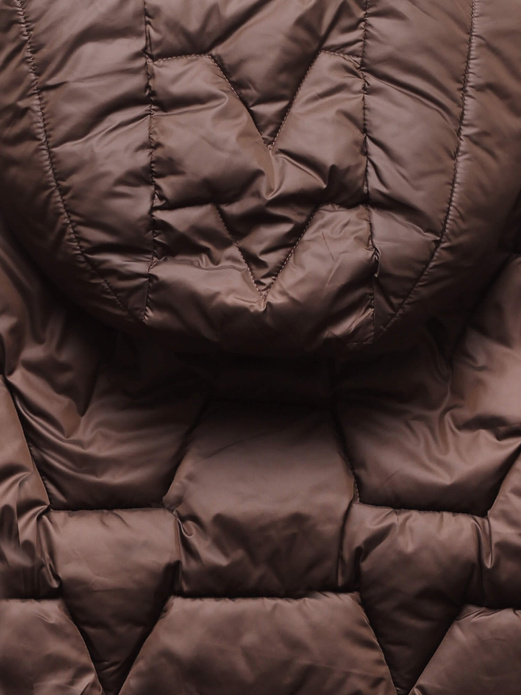 Czekoladowo beżowy dwustronny zimowy damski płaszcz z kapturem i paskiem