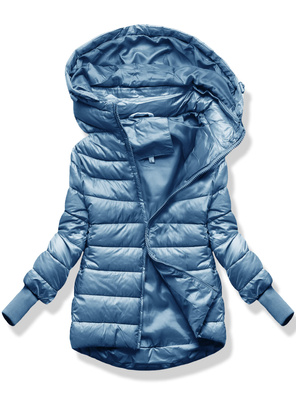 Granatowa zimowa kurtka pikowana z kapturem z długimi ściągaczami zapinana na suwak