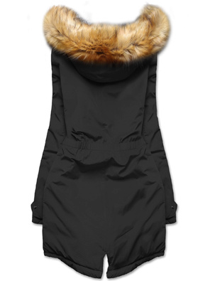 Czarna-Karmelowa długa dwustronna ciepła kurtka parka z kapturem z odpinanym futerkiem