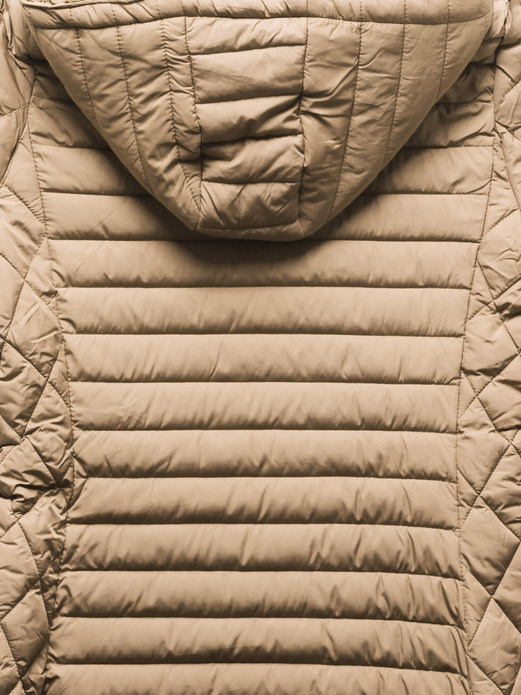 Piaskowa przejściowa długa pikowana kurtka płaszczyk z odpinanym kapturem