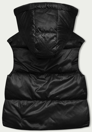 Czarny krótki modny puchowy bezrękawnik z kapturem