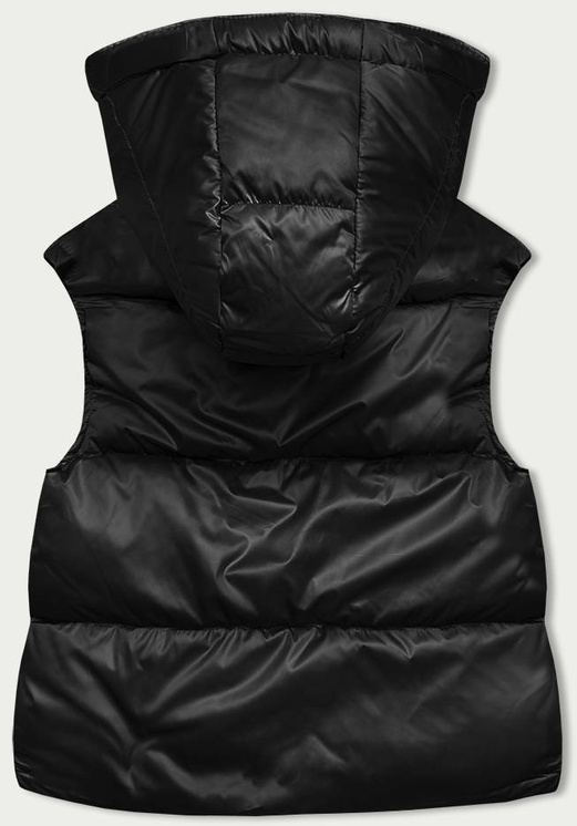 Czarny krótki modny puchowy bezrękawnik z kapturem