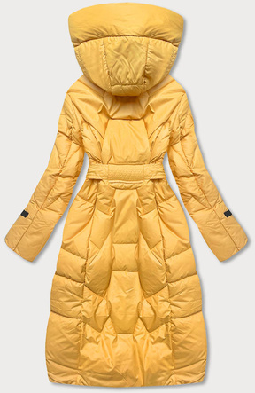 Żółta zimowa długa puchowa kurtka płaszcz z kapturem