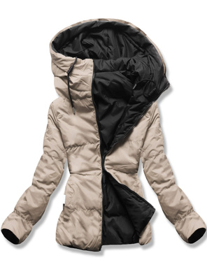 Czarno jasnobeżowa dwustronna damska kurtka przejściowa z kapturem