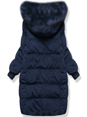 Granatowa długa zimowa sztruksowa damska kurtka z kapturem