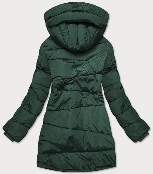 Zielona asymetryczna długa pikowana zimowa kurtka płaszczyk z kołnierzem