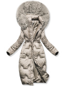 Beżowa długa zimowa unikalnie pikowana damska kurtka z kapturem