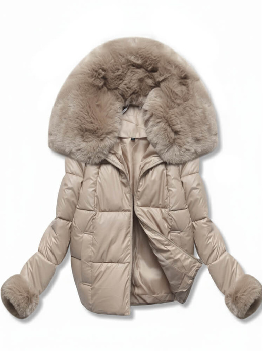 Beżowa damska lekka pikowana kurtka z futrzanym kołnierzem