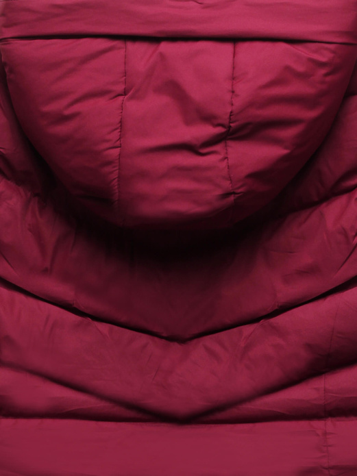 Bordowa zimowa kurtka z kapturem i kołnierzem płaszcz pikowany na suwak