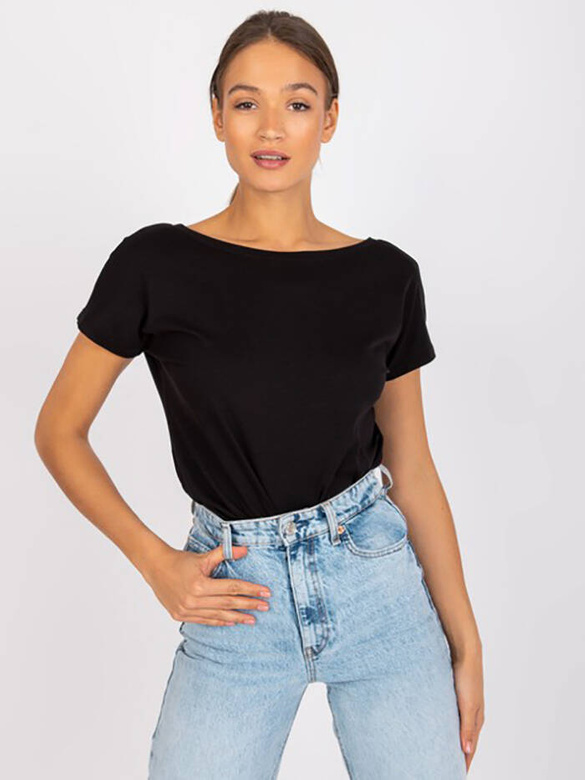Czarna gładka bluzka, top basic, t-shirt z dekoltem V z tyłu