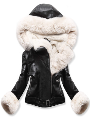 Czarna genialna zimowa kurtka damska skórzana ramoneska na futrze