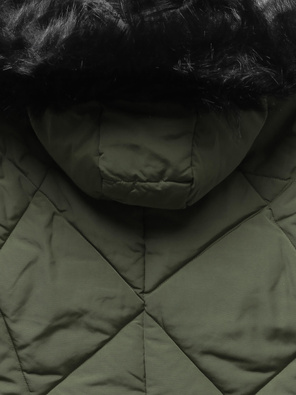 Khaki zimowa pikowana kurtka futro ze srebrną wstawką