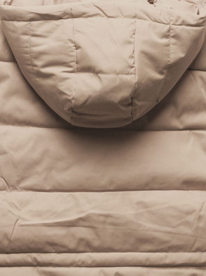 Beżowa pikowana kurtka z kapturem ściągana w pasie