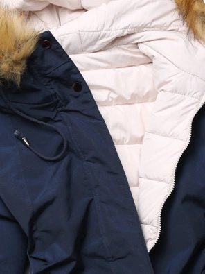 Granatowo beżowa długa dwustronna ciepła kurtka parka z kapturem z odpinanym futerkiem