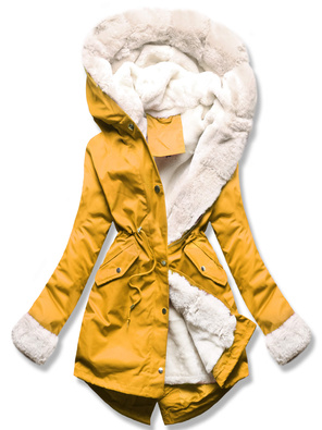 Żółta ciepła kurtka parka na misiu z kapturem