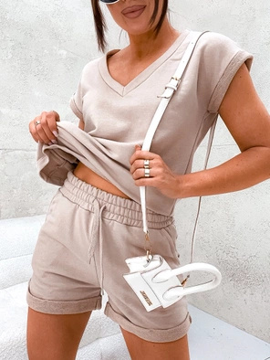 Beżowy fenomenalny bawełniany letni komplet bluzka i spodenki