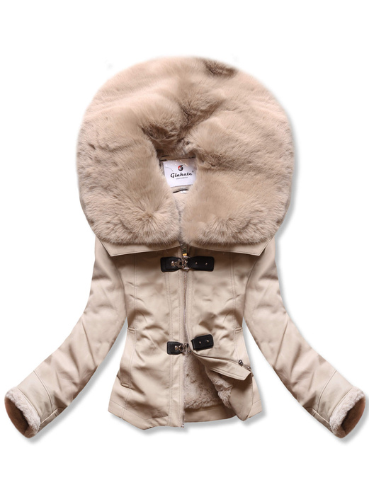 Beżowa skórzana damska krótka kurtka futerko