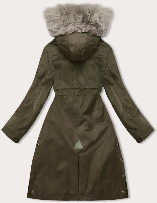 Oliwkowy zimowy płaszcz parka na futrze