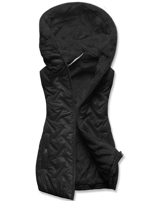 Czarny damski unikalnie pikowany bezrękawnik na futerku