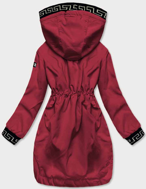Ciemnoczerwona kurtka płaszcz parka z ozdobnymi lampasami we wzory z kapturem