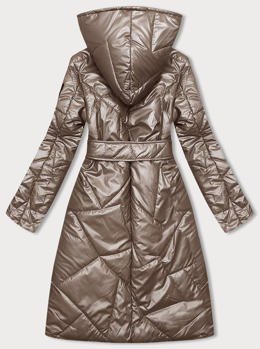 Cappuccino długa kurtka pikowana wiązana z kapturem