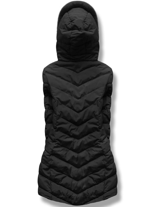 Czarna długa wyszczuplająca pikowana kurtka w jodełkę z kapturem