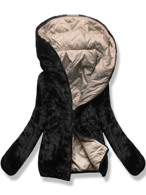 Bezowo czarna damska dwustronna  kurtka zimowa na futrze