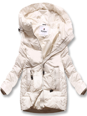 Ecru zimowa pikowana kurtka z kapturem i kołnierzem