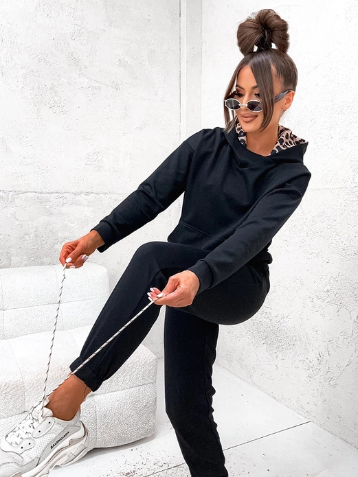 Czarny damski welurowy kapitalny gładki dres komplet