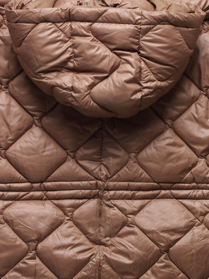 Brązowa oversizowa zimowa damska pikowana w karo kurtka z kapturem